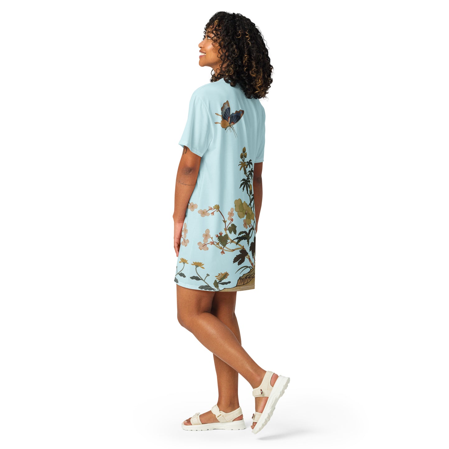 Kesi Flower Album｜Hibiscus and Begonia Blossoms｜T-shirt dress｜Aqua blue