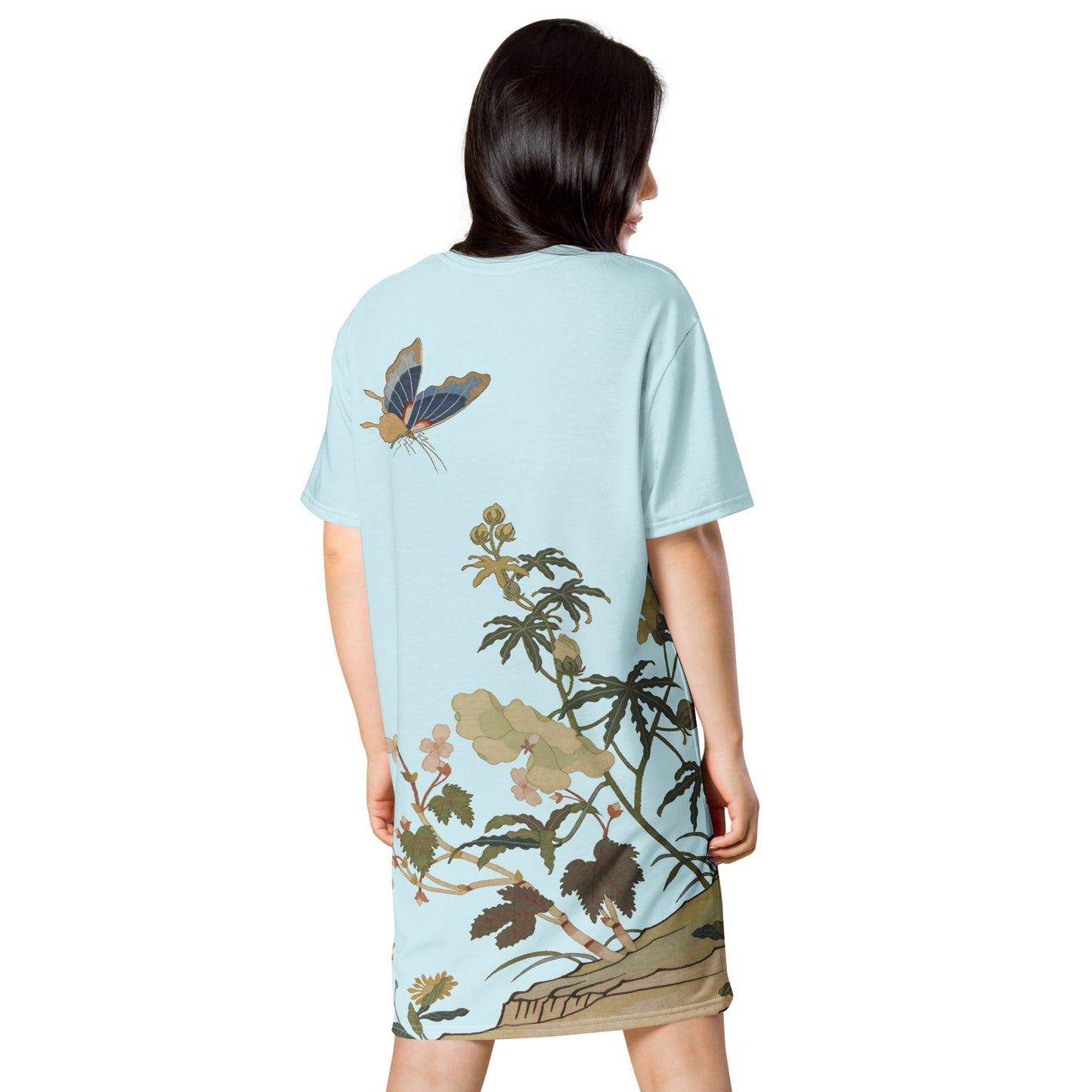 Kesi Flower Album｜Hibiscus and Begonia Blossoms｜T-shirt dress｜Aqua blue