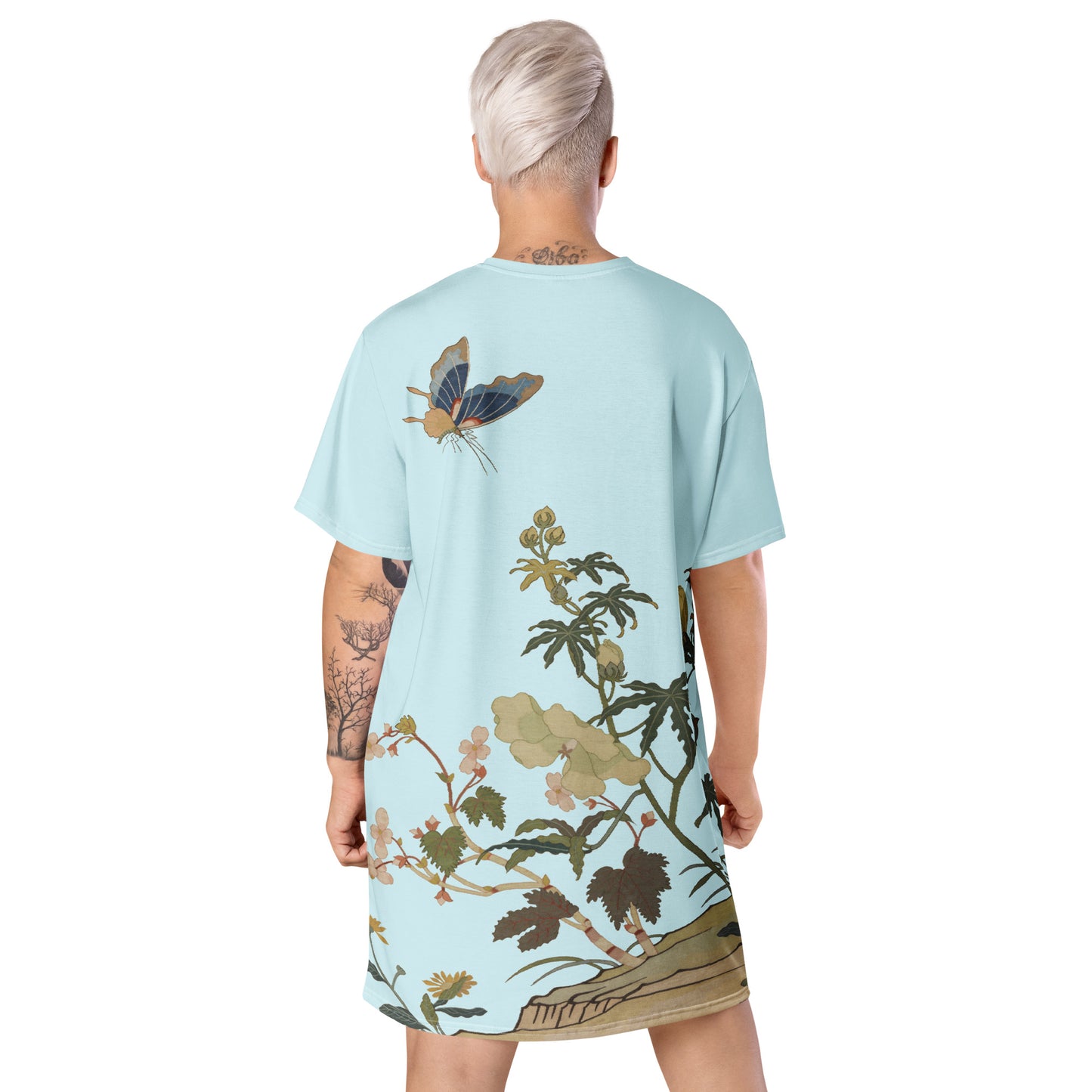 Kesi Flower Album｜Hibiscus and Begonia Blossoms｜T-shirt dress｜Aqua blue