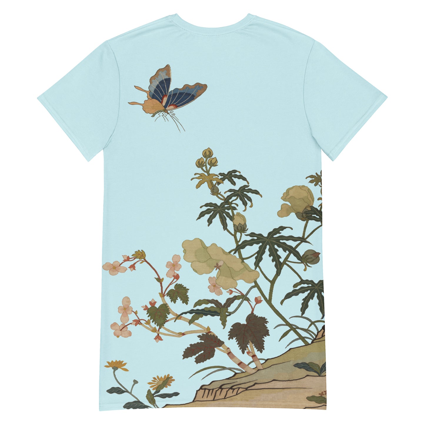 Kesi Flower Album｜Hibiscus and Begonia Blossoms｜T-shirt dress｜Aqua blue