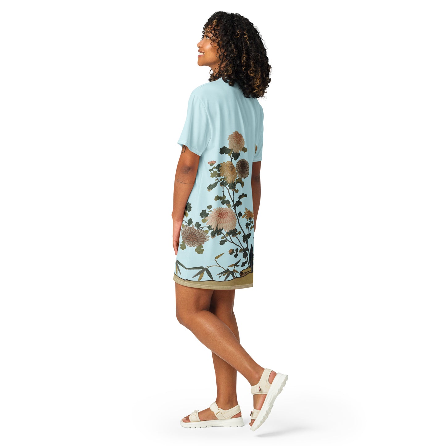 Kesi Flower Album｜Chrysanthemums and Butterflies｜T-shirt dress｜Aqua blue