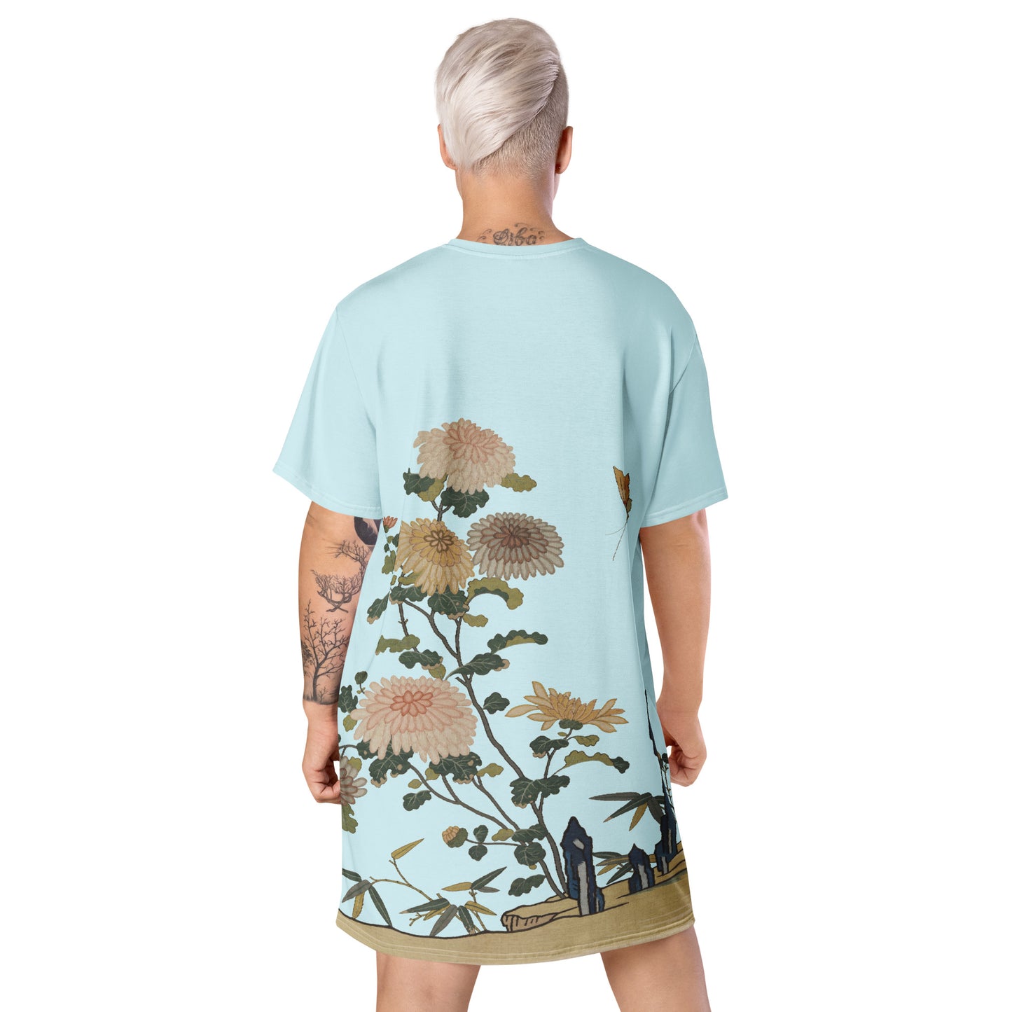 Kesi Flower Album｜Chrysanthemums and Butterflies｜T-shirt dress｜Aqua blue