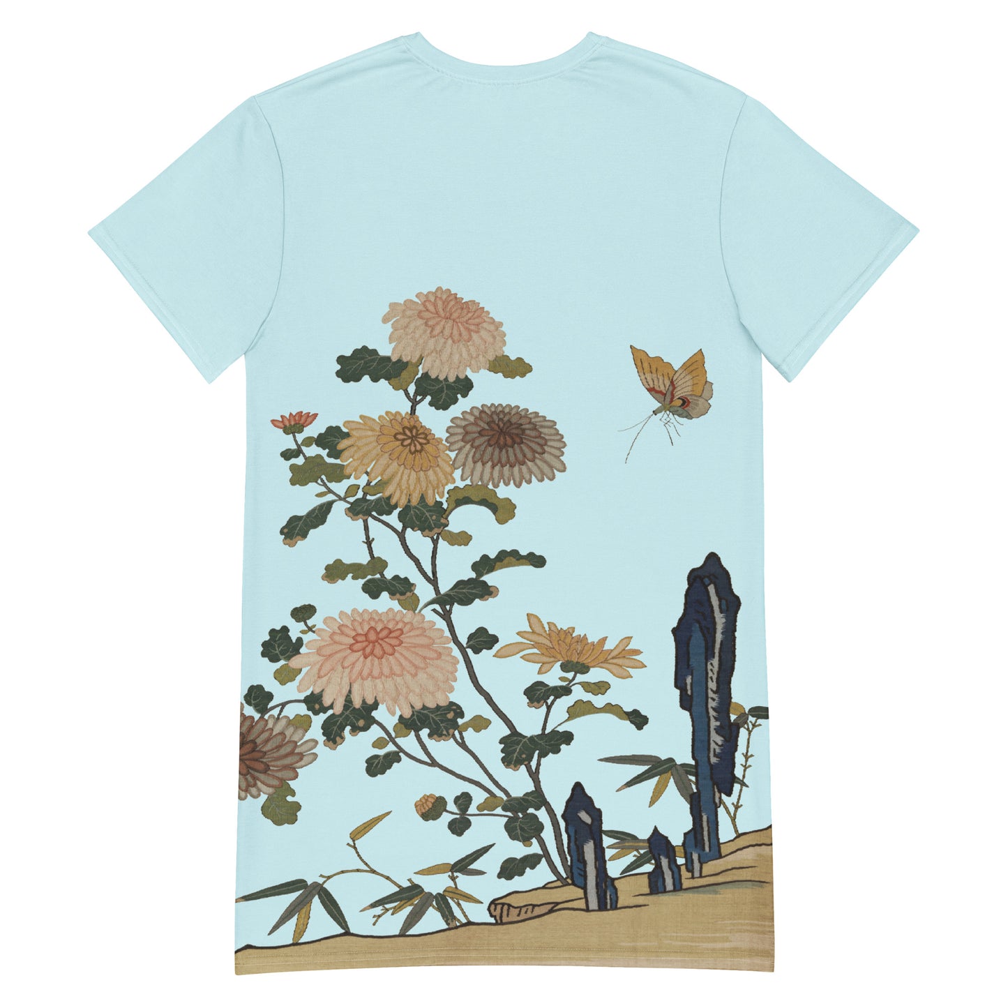 Kesi Flower Album｜Chrysanthemums and Butterflies｜T-shirt dress｜Aqua blue