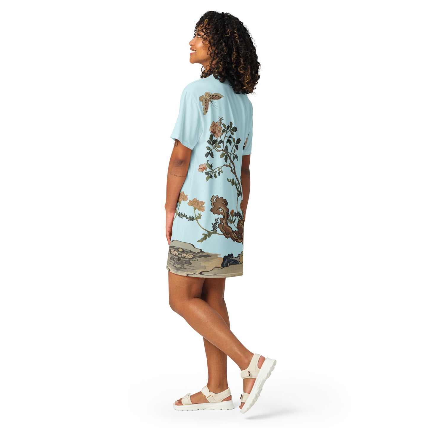 Kesi Flower Album｜Camellia and Butterfly｜T-shirt dress｜Aqua blue