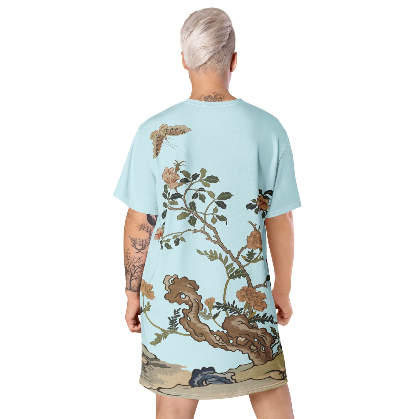 Kesi Flower Album｜Camellia and Butterfly｜T-shirt dress｜Aqua blue