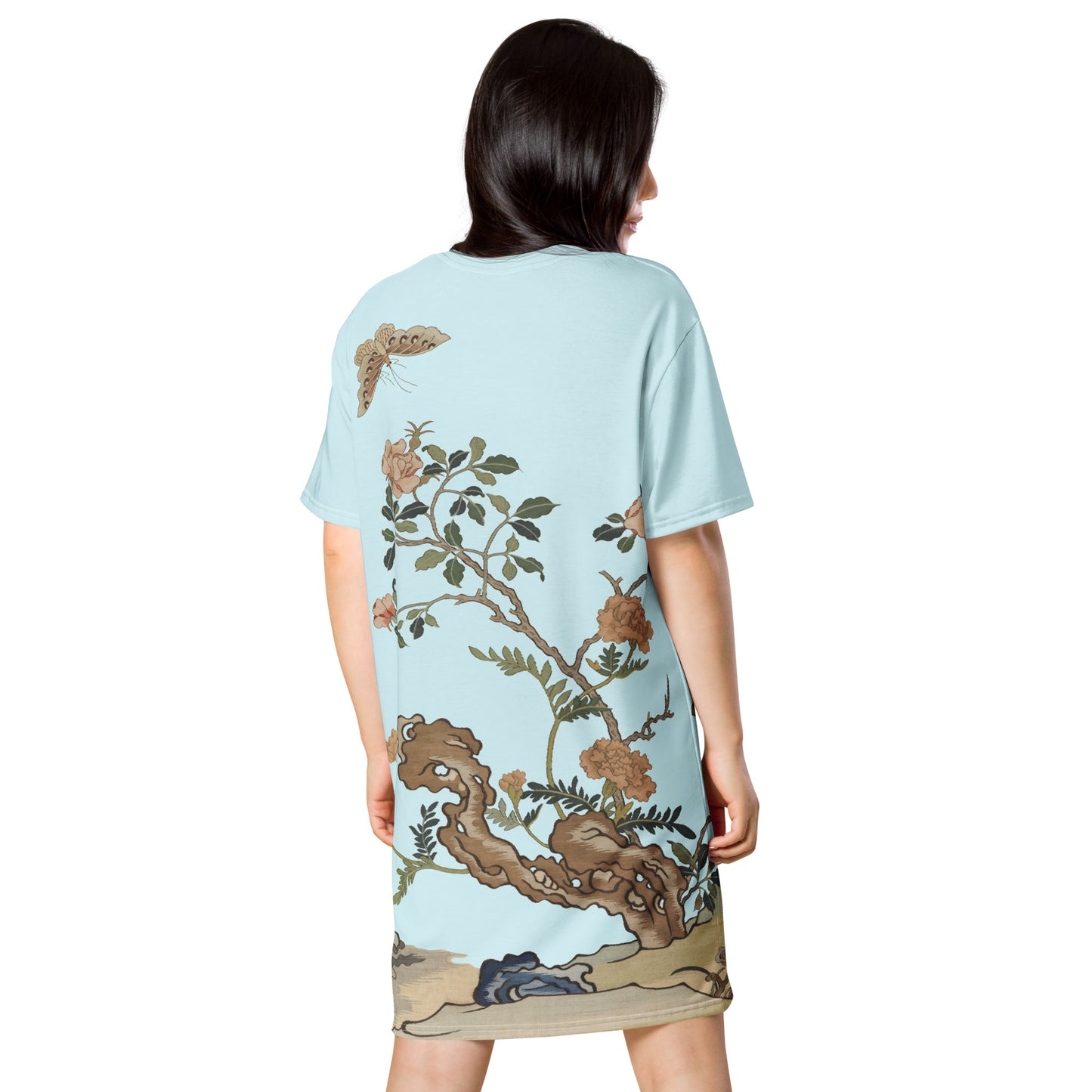 Kesi Flower Album｜Camellia and Butterfly｜T-shirt dress｜Aqua blue