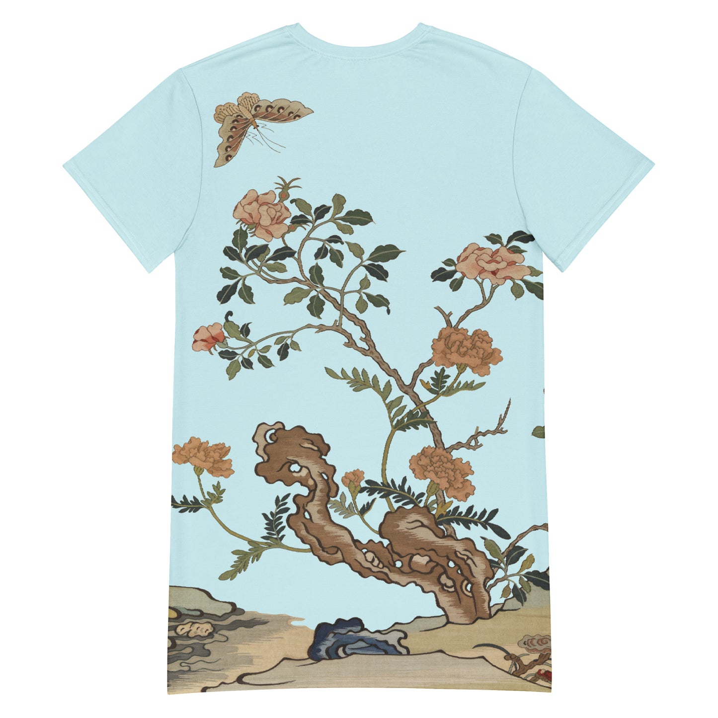 Kesi Flower Album｜Camellia and Butterfly｜T-shirt dress｜Aqua blue