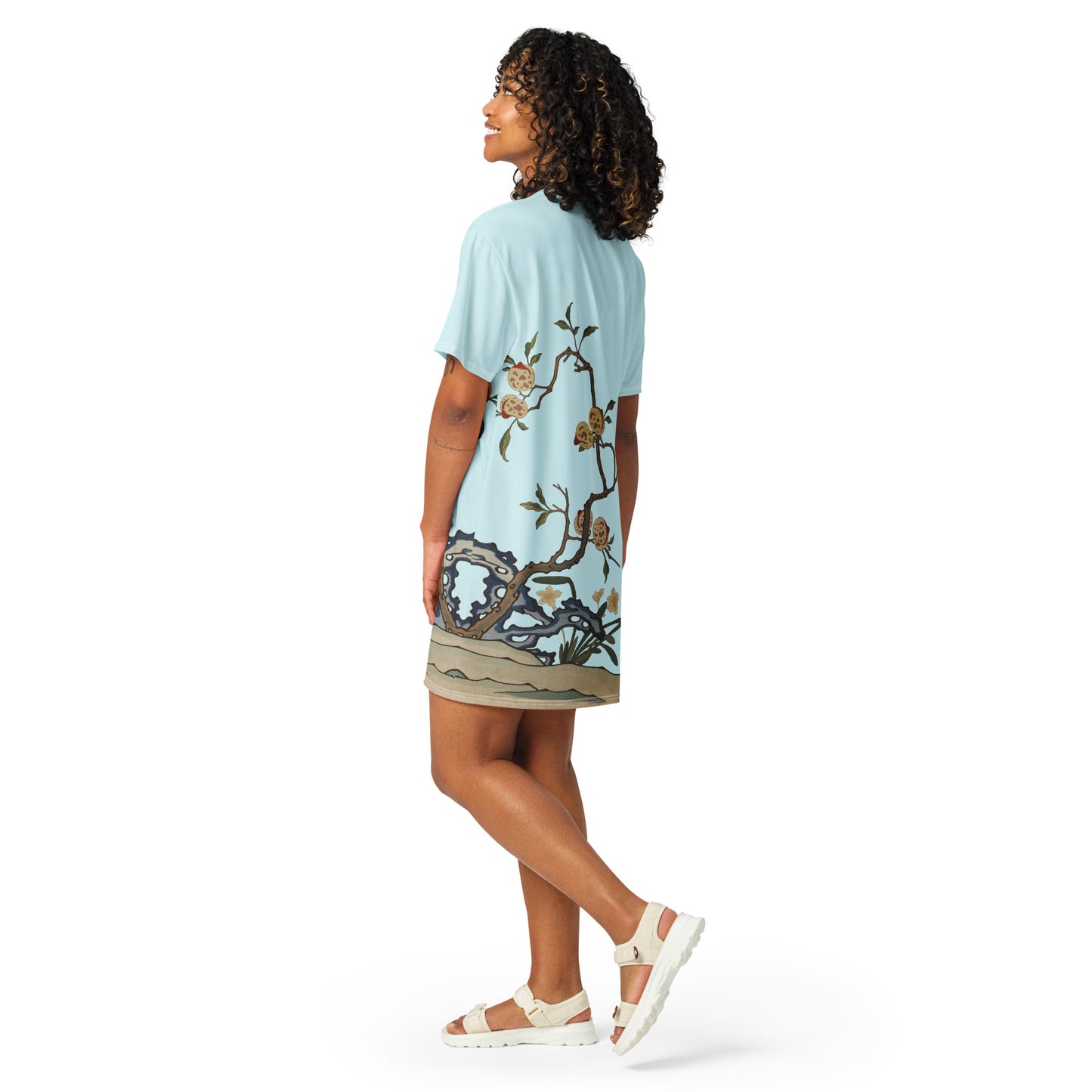 Kesi Flower Album｜Narcissus and Peaches｜T-shirt dress｜Aqua blue