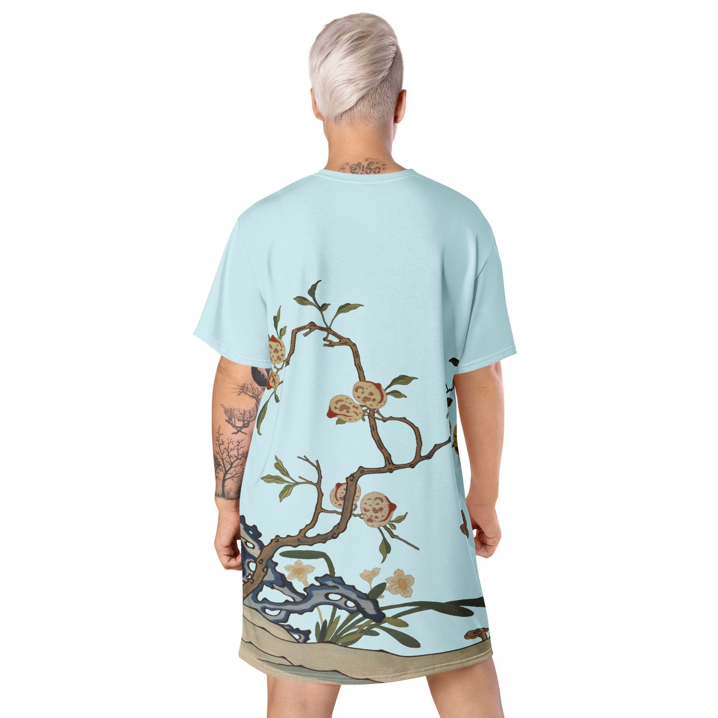 Kesi Flower Album｜Narcissus and Peaches｜T-shirt dress｜Aqua blue