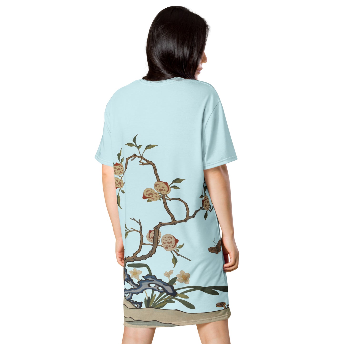 Kesi Flower Album｜Narcissus and Peaches｜T-shirt dress｜Aqua blue