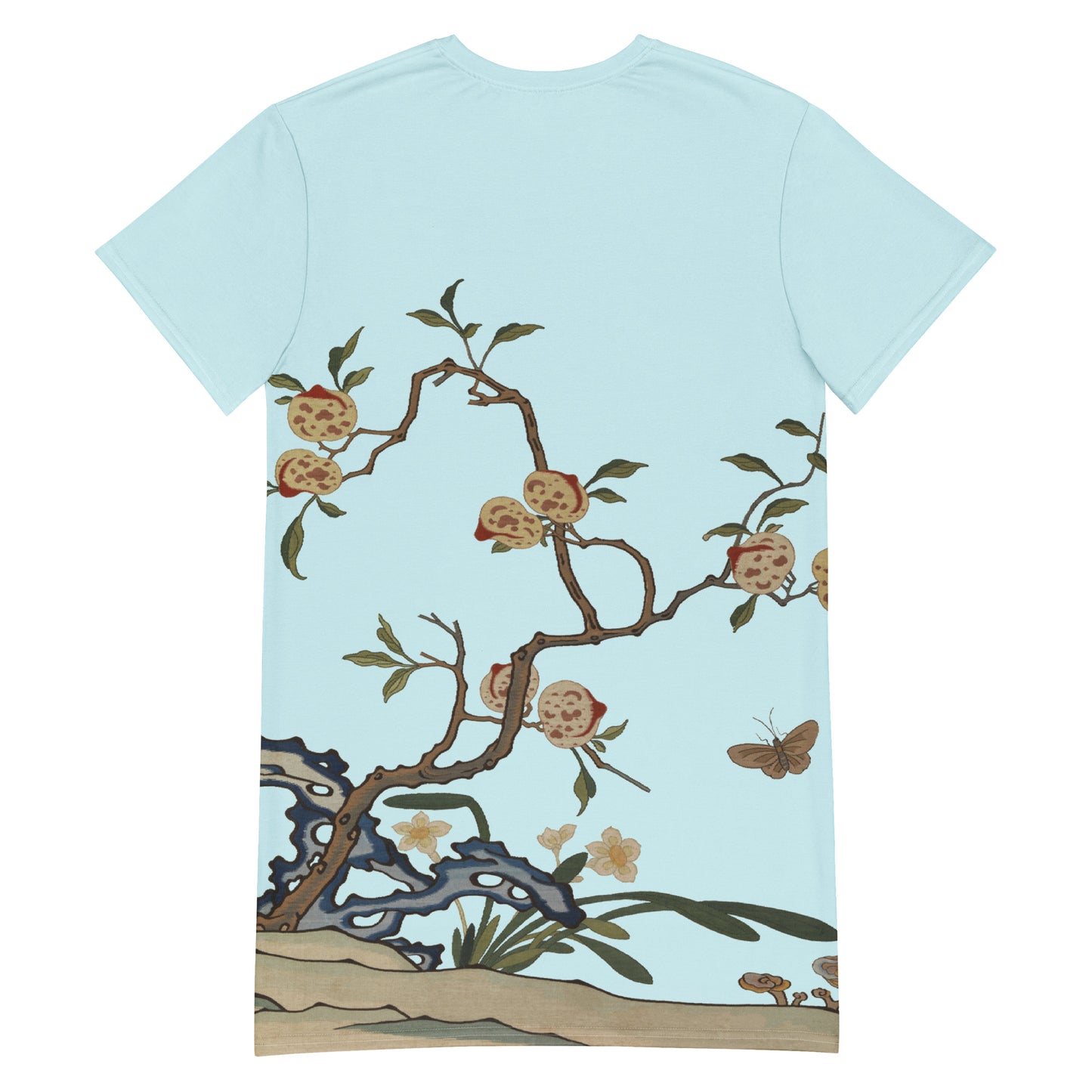 Kesi Flower Album｜Narcissus and Peaches｜T-shirt dress｜Aqua blue