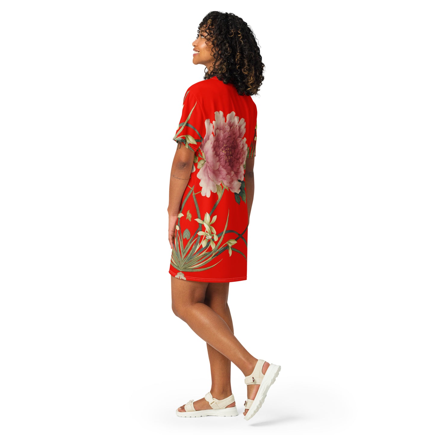 The Spirit of Flowers in Twelve Months｜Orchid and Tree Peony in Bloom｜T-shirt dress｜Garnet red