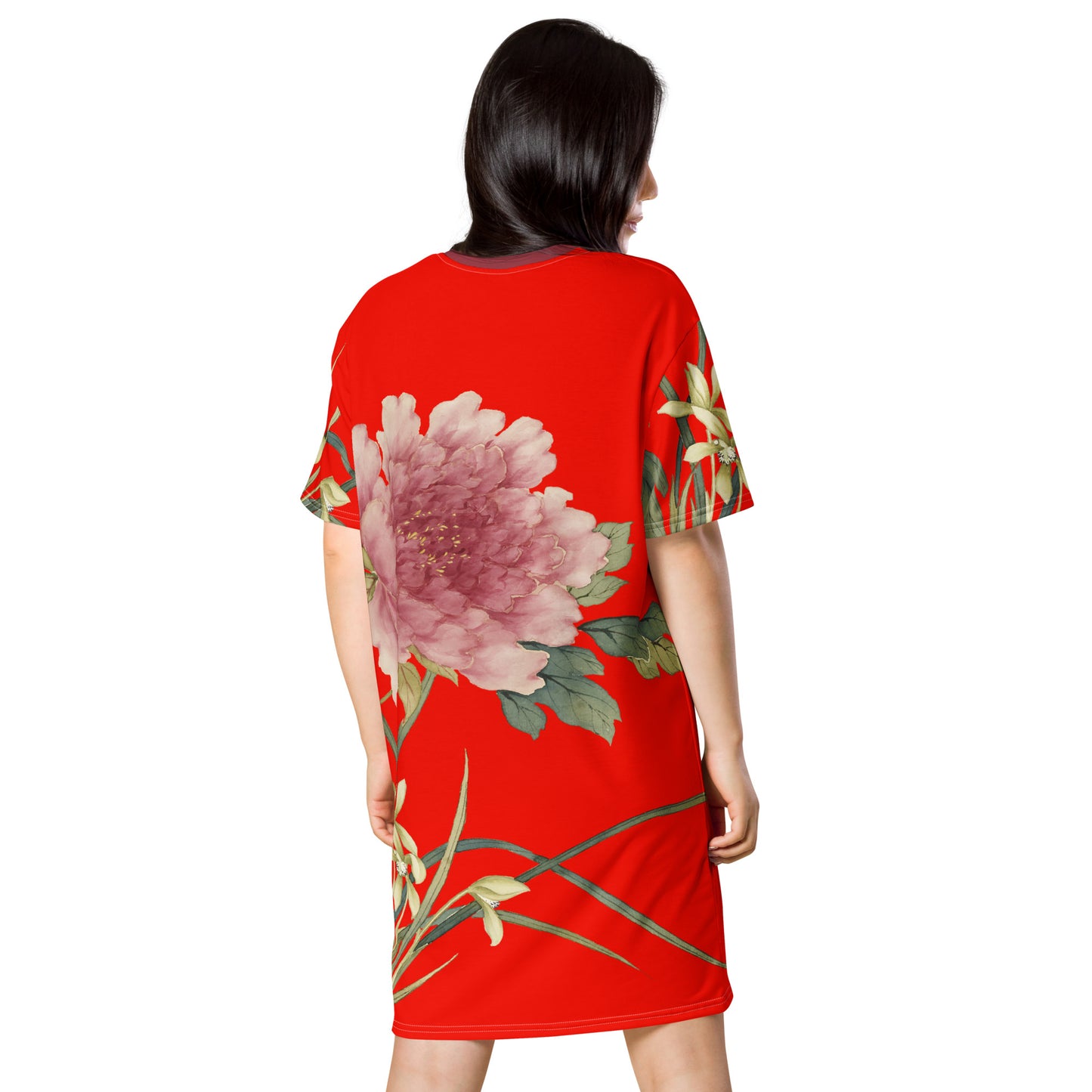 The Spirit of Flowers in Twelve Months｜Orchid and Tree Peony in Bloom｜T-shirt dress｜Garnet red