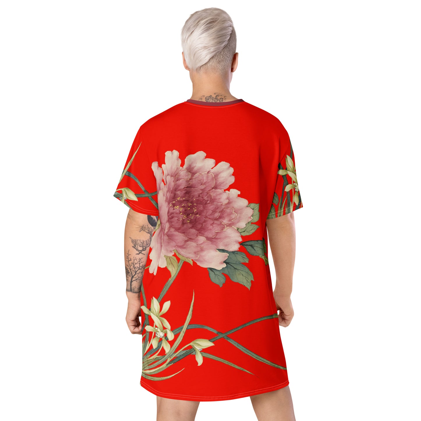 The Spirit of Flowers in Twelve Months｜Orchid and Tree Peony in Bloom｜T-shirt dress｜Garnet red