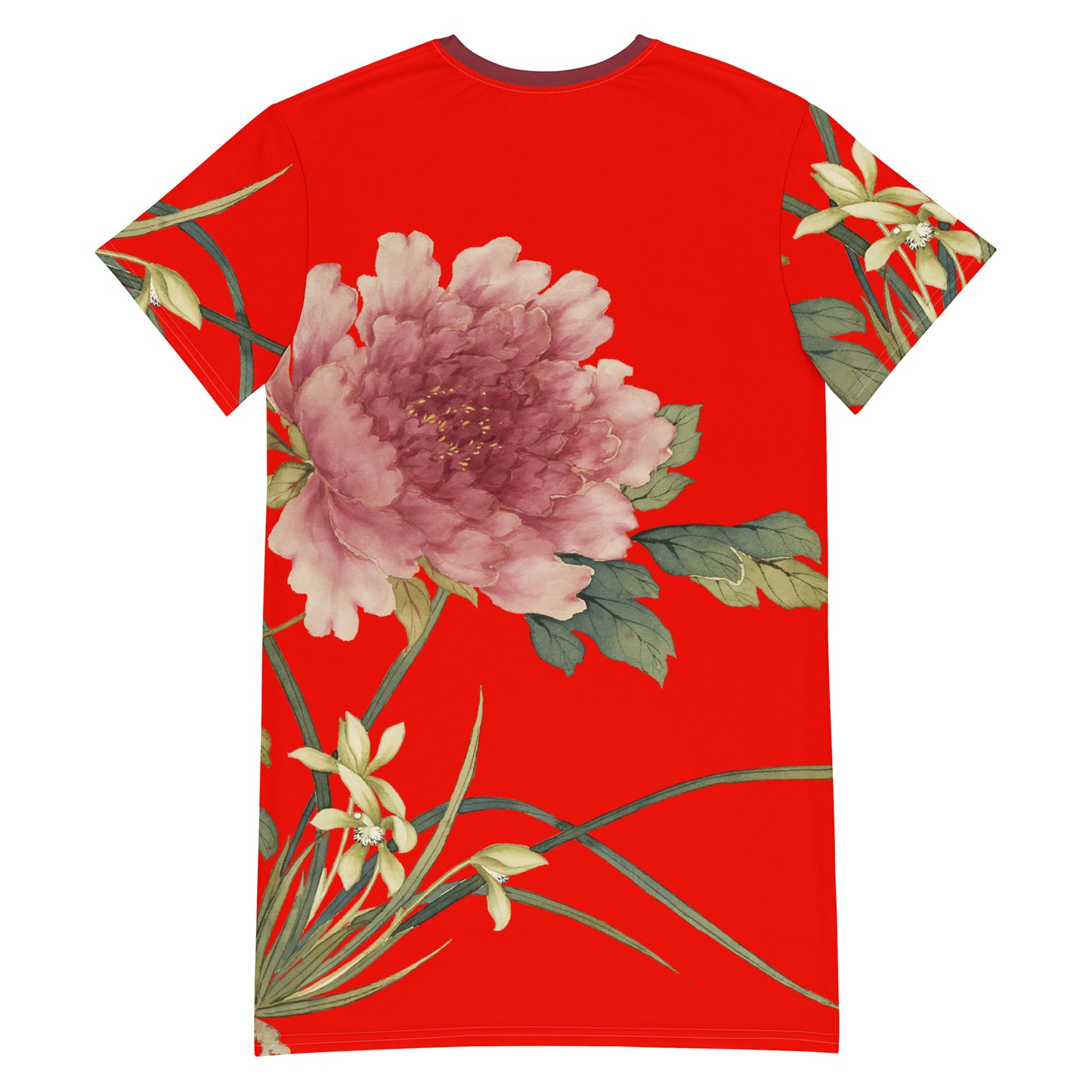 The Spirit of Flowers in Twelve Months｜Orchid and Tree Peony in Bloom｜T-shirt dress｜Garnet red