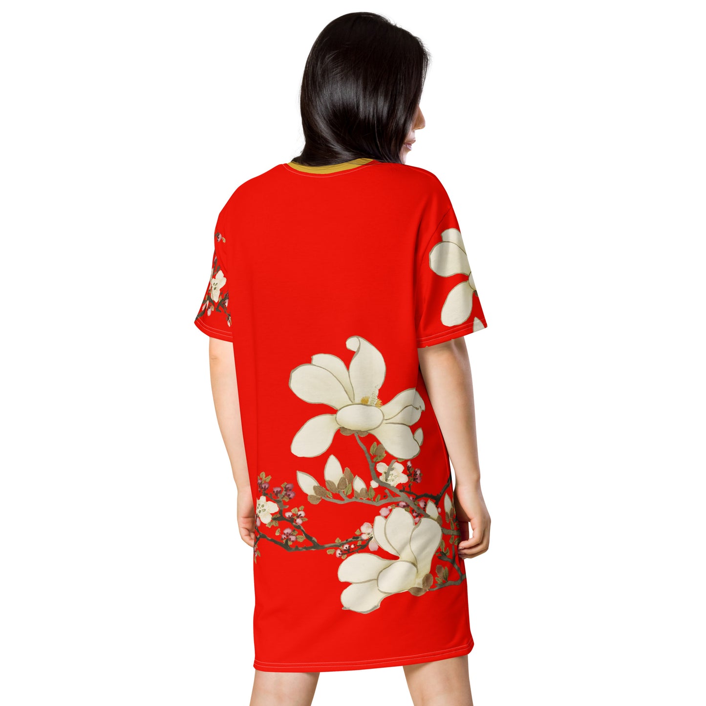 The Spirit of Flowers in Twelve Months｜Apricot and Lily Magnolia in Blossom｜T-shirt dress｜Garnet red