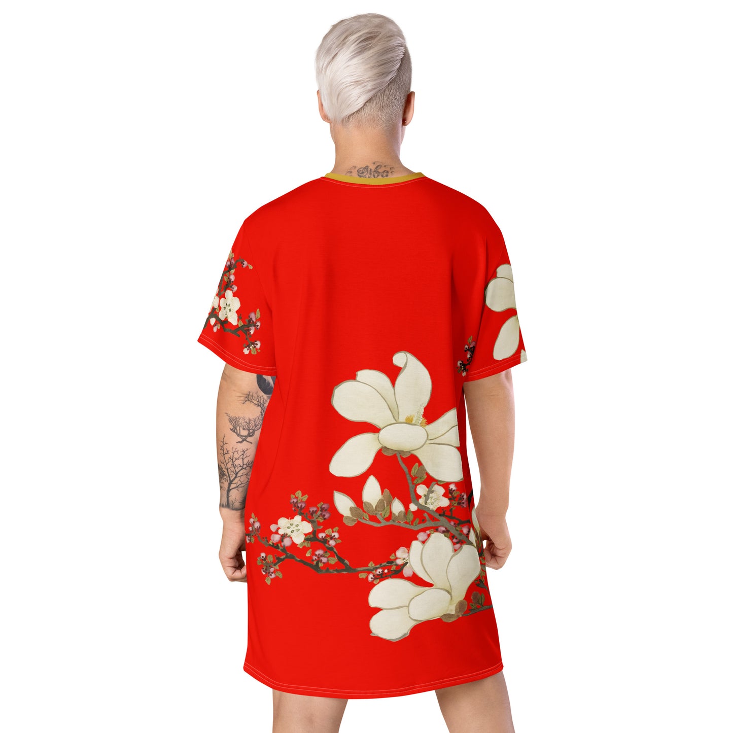 The Spirit of Flowers in Twelve Months｜Apricot and Lily Magnolia in Blossom｜T-shirt dress｜Garnet red