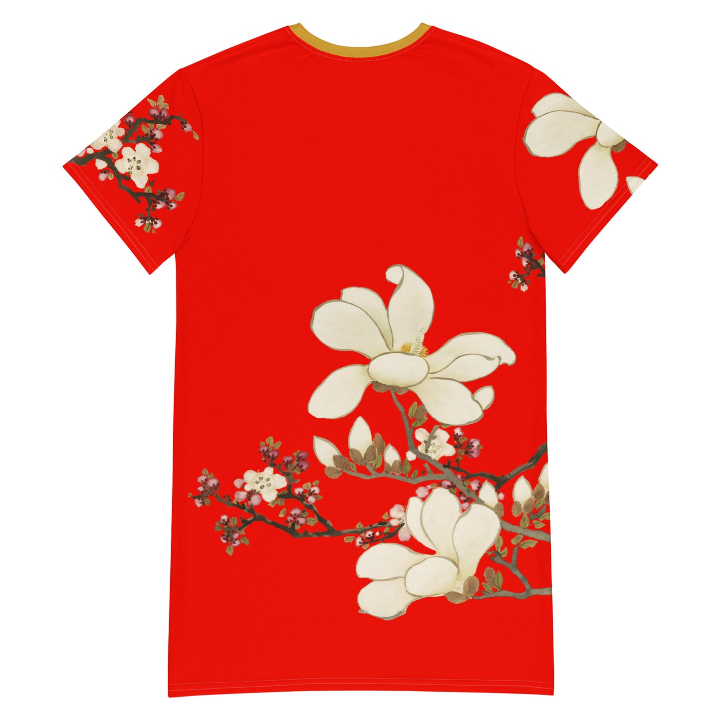 花の精霊 十二ヶ月｜杏とユリのモクレンの花｜Tシャツドレス｜ガーネットレッド