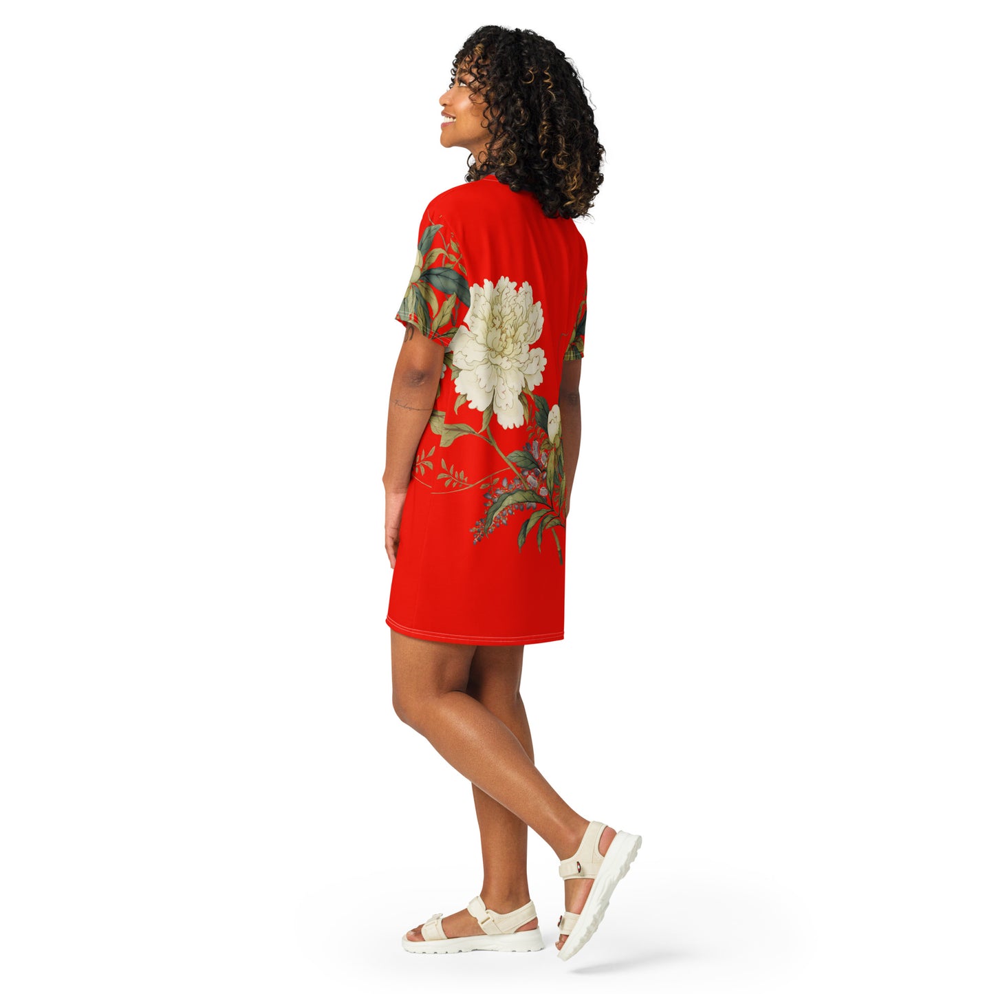 The Spirit of Flowers in Twelve Months｜Chinese Peony and Wisteria in Bloom｜T-shirt dress｜Garnet red