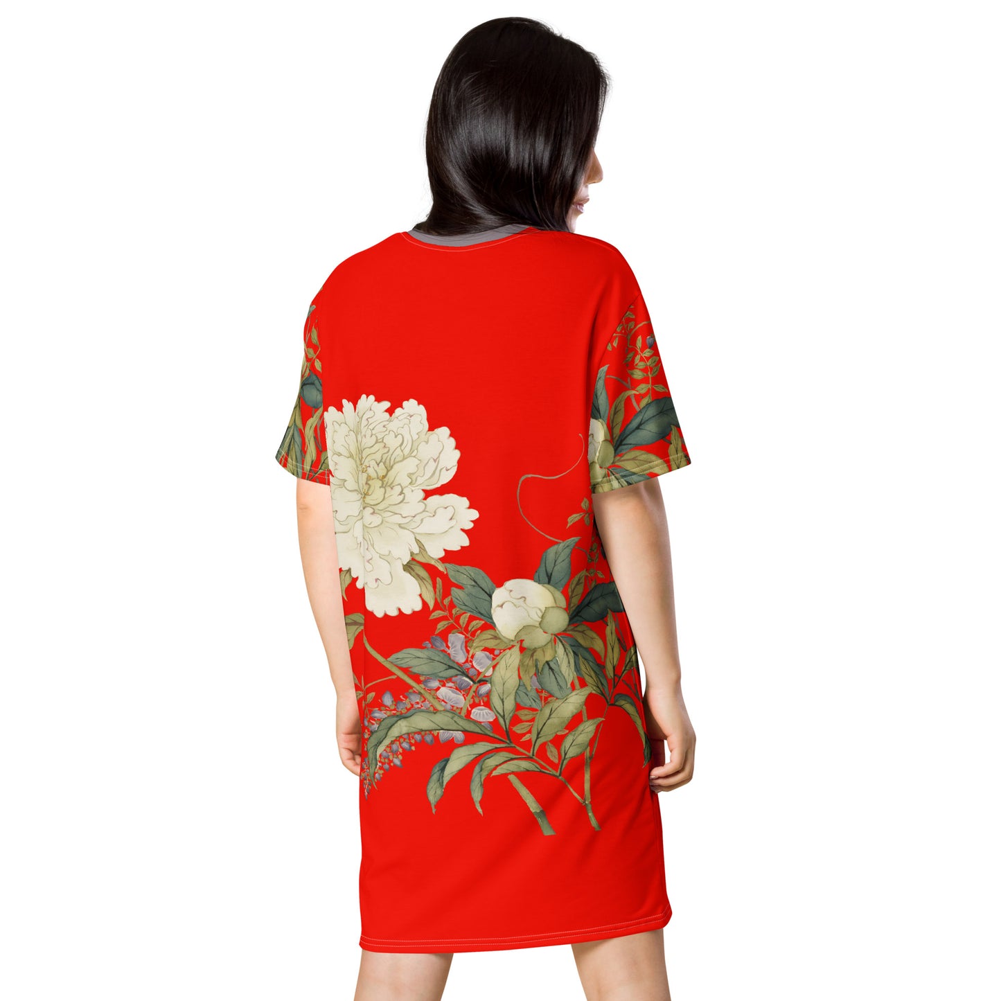 The Spirit of Flowers in Twelve Months｜Chinese Peony and Wisteria in Bloom｜T-shirt dress｜Garnet red