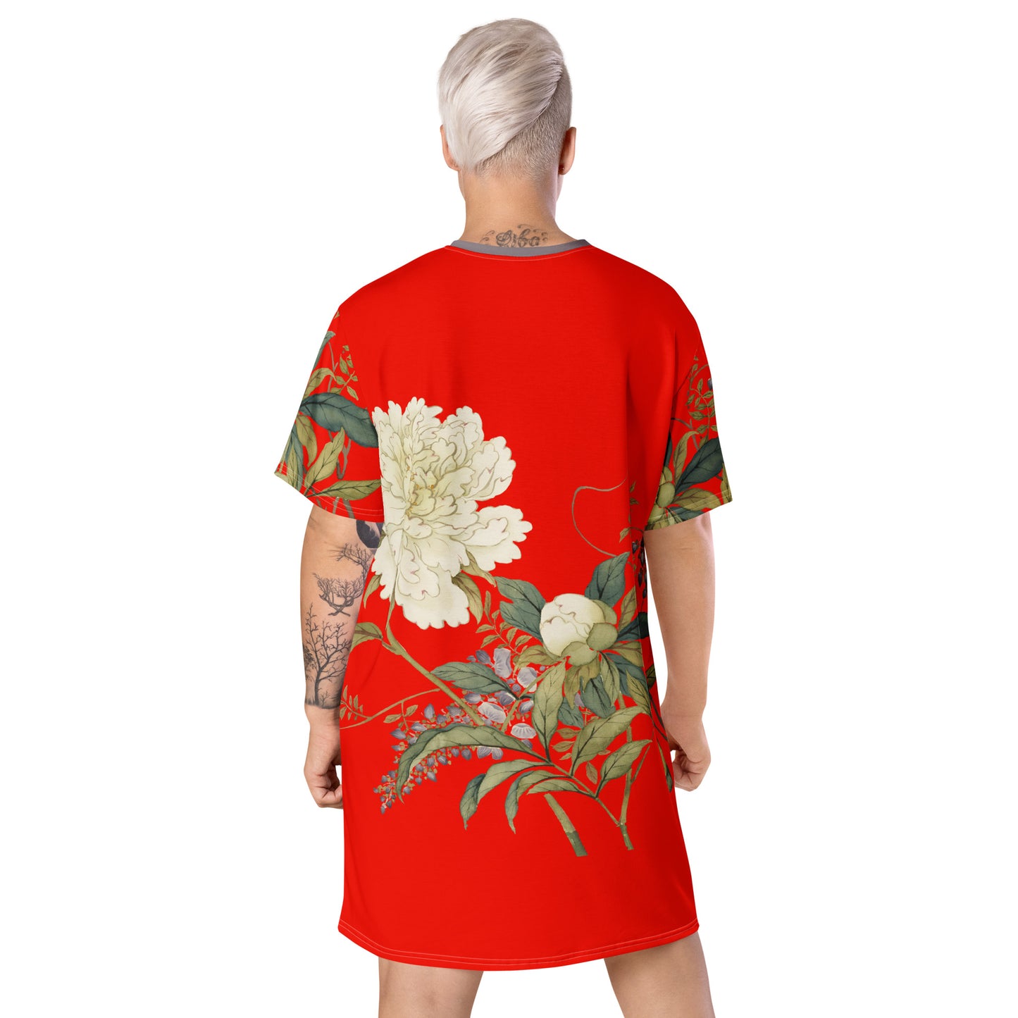 The Spirit of Flowers in Twelve Months｜Chinese Peony and Wisteria in Bloom｜T-shirt dress｜Garnet red