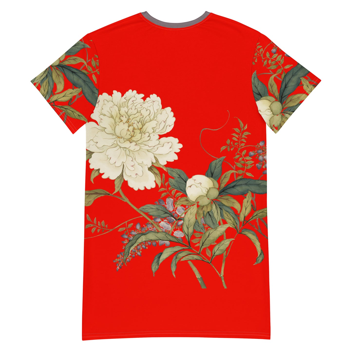 The Spirit of Flowers in Twelve Months｜Chinese Peony and Wisteria in Bloom｜T-shirt dress｜Garnet red