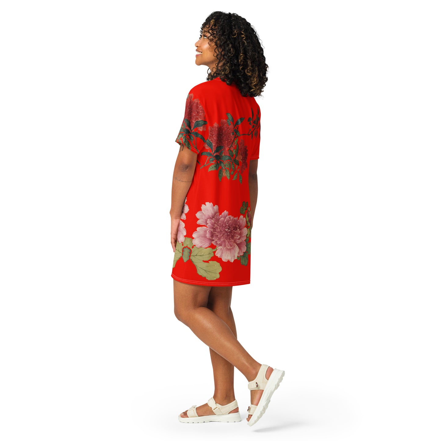 The Spirit of Flowers in Twelve Months｜Hollyhock and Pomegranate in Bloom｜T-shirt dress｜Garnet red