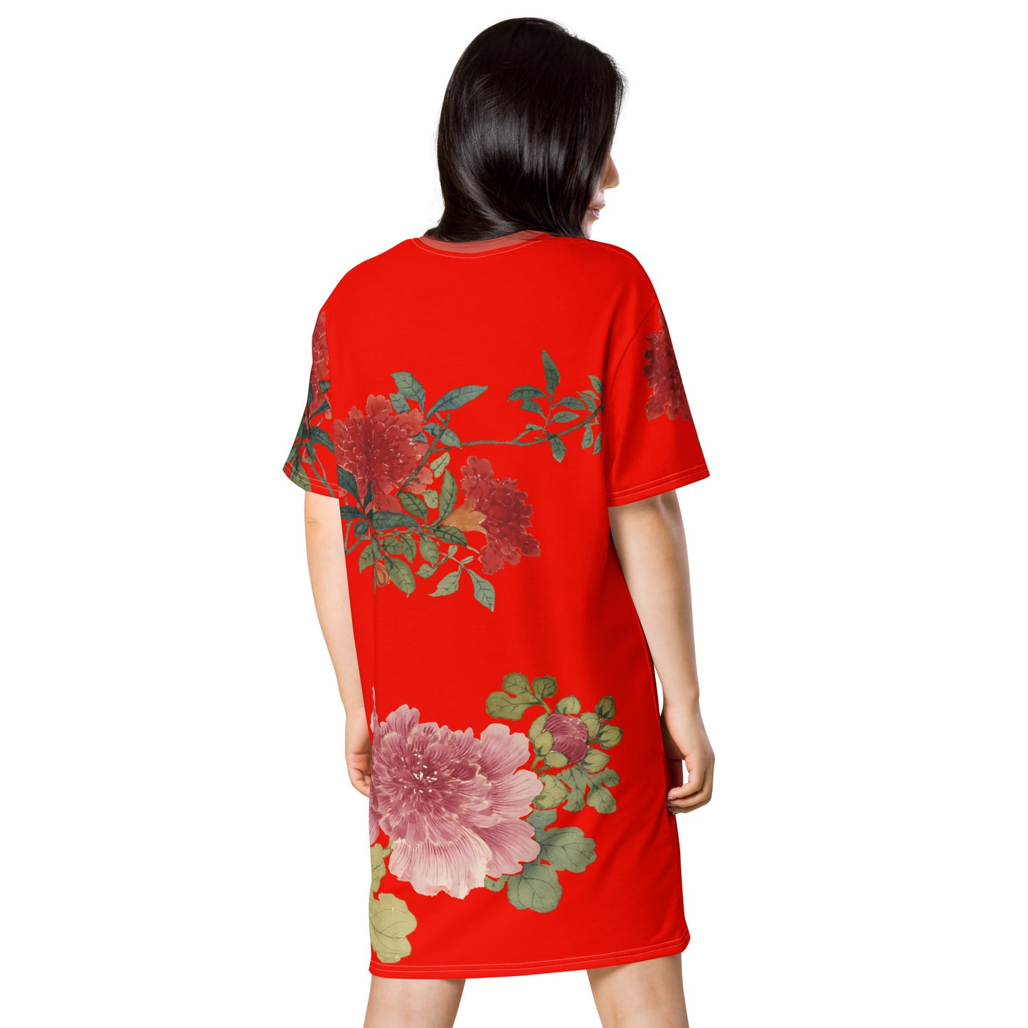 The Spirit of Flowers in Twelve Months｜Hollyhock and Pomegranate in Bloom｜T-shirt dress｜Garnet red