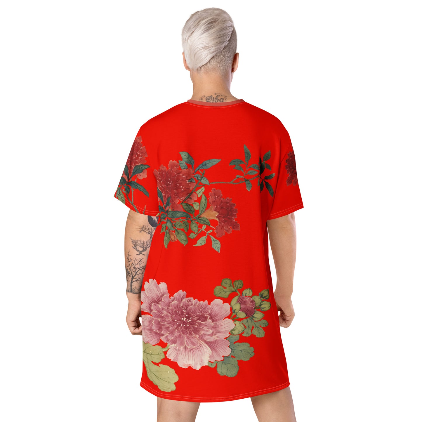 The Spirit of Flowers in Twelve Months｜Hollyhock and Pomegranate in Bloom｜T-shirt dress｜Garnet red