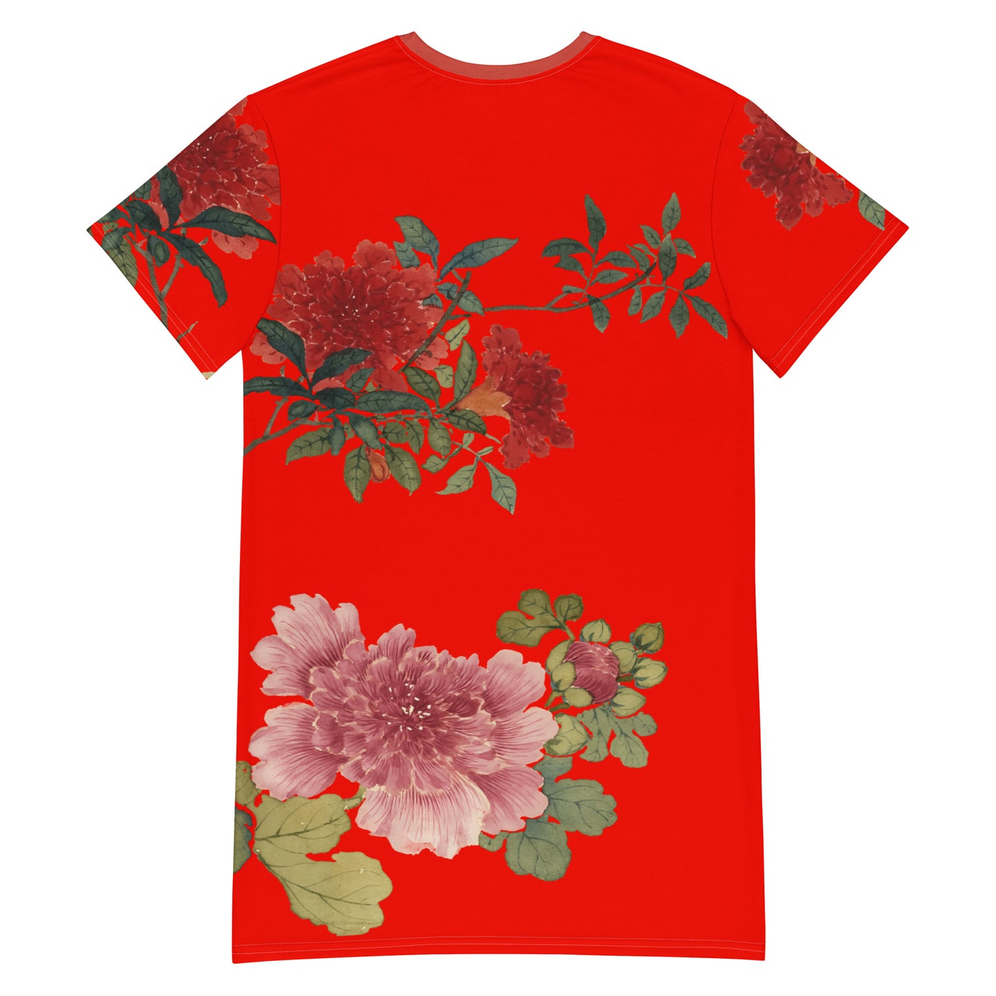 The Spirit of Flowers in Twelve Months｜Hollyhock and Pomegranate in Bloom｜T-shirt dress｜Garnet red