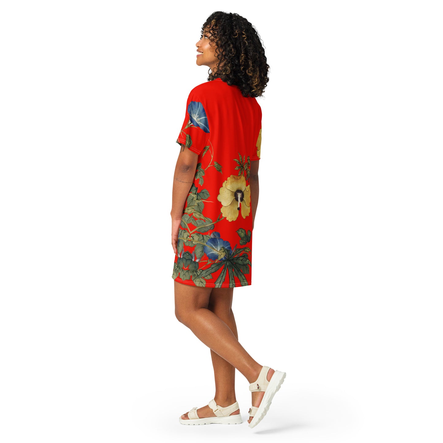 The Spirit of Flowers in Twelve Months｜Okra and White-edged Morning Glory in Bloom｜T-shirt dress｜Garnet red