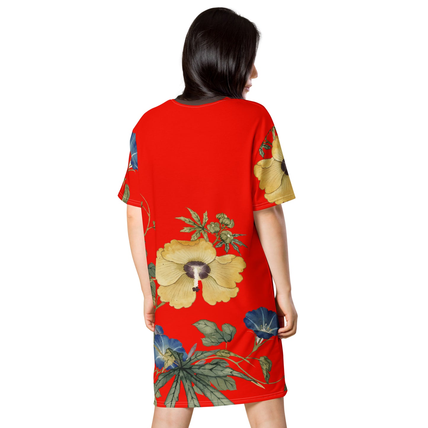 The Spirit of Flowers in Twelve Months｜Okra and White-edged Morning Glory in Bloom｜T-shirt dress｜Garnet red