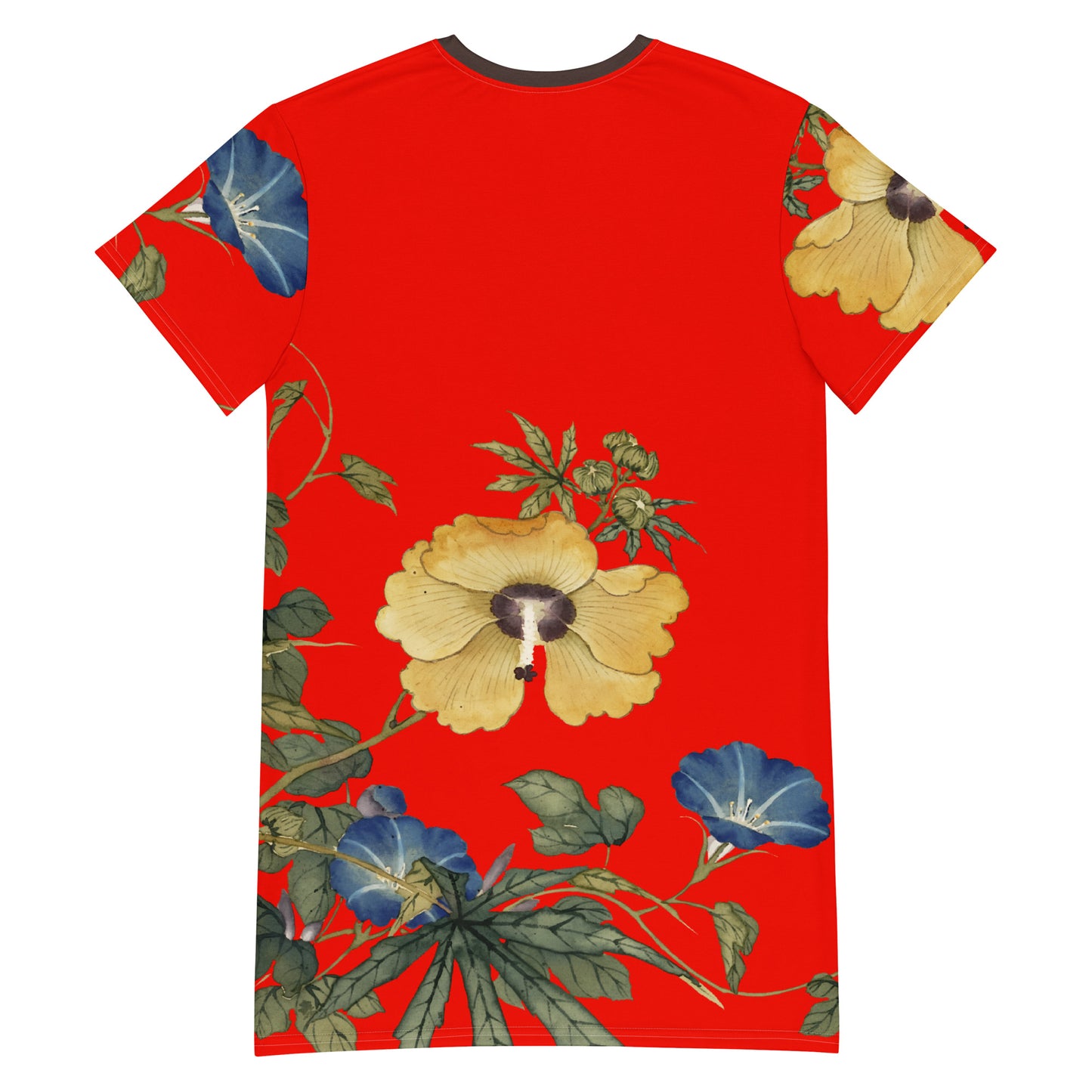 The Spirit of Flowers in Twelve Months｜Okra and White-edged Morning Glory in Bloom｜T-shirt dress｜Garnet red