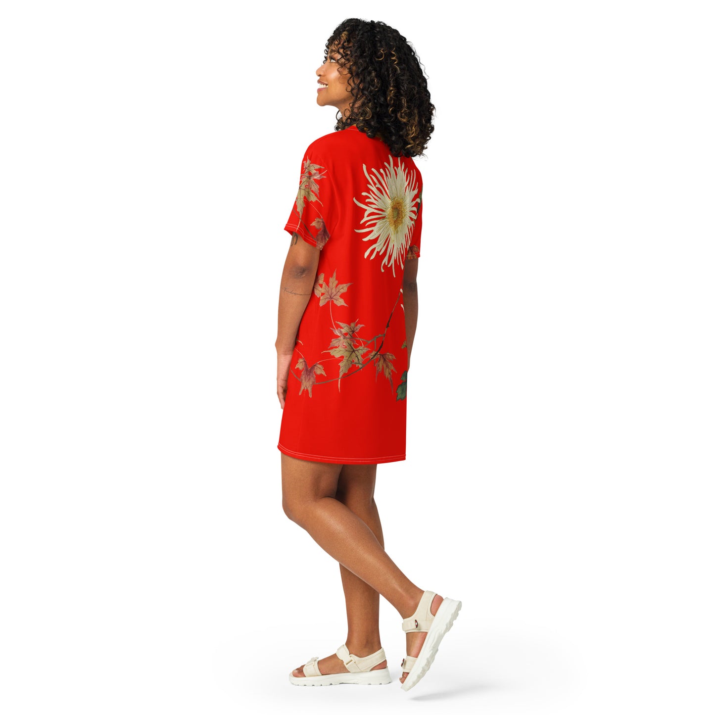 The Spirit of Flowers in Twelve Months｜Blooming Chrysanthemum and Maple Leaves｜T-shirt dress｜Garnet red