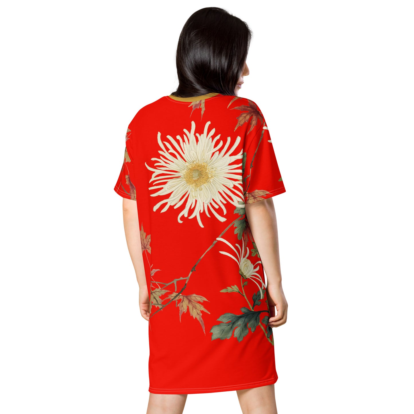 The Spirit of Flowers in Twelve Months｜Blooming Chrysanthemum and Maple Leaves｜T-shirt dress｜Garnet red