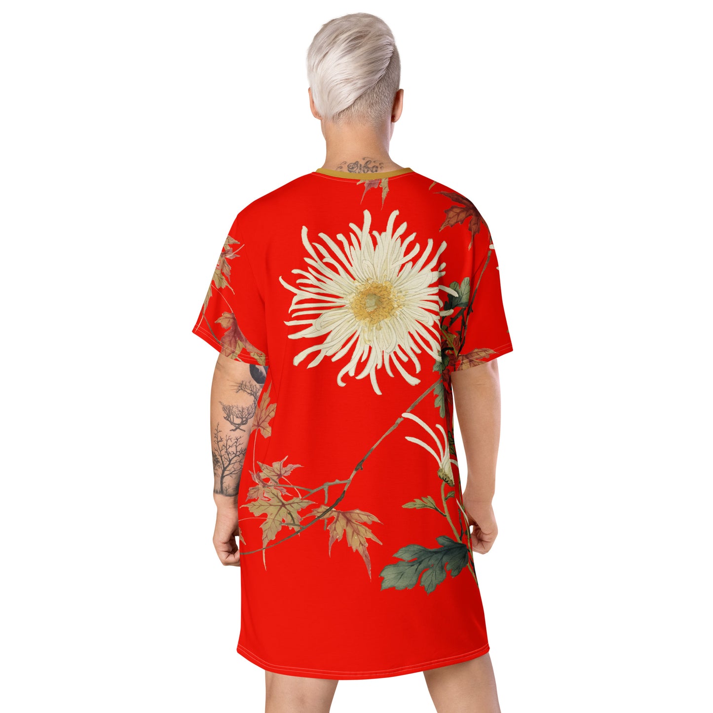 The Spirit of Flowers in Twelve Months｜Blooming Chrysanthemum and Maple Leaves｜T-shirt dress｜Garnet red