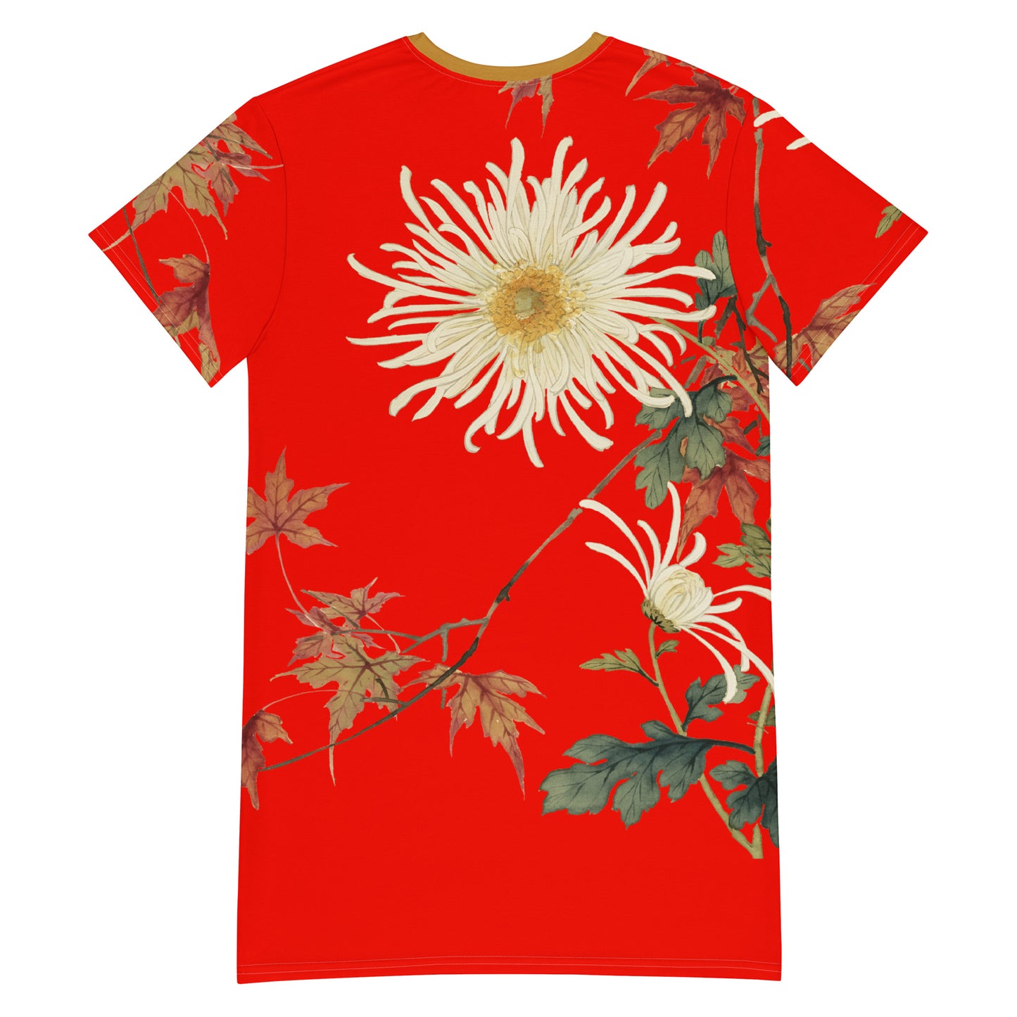 The Spirit of Flowers in Twelve Months｜Blooming Chrysanthemum and Maple Leaves｜T-shirt dress｜Garnet red