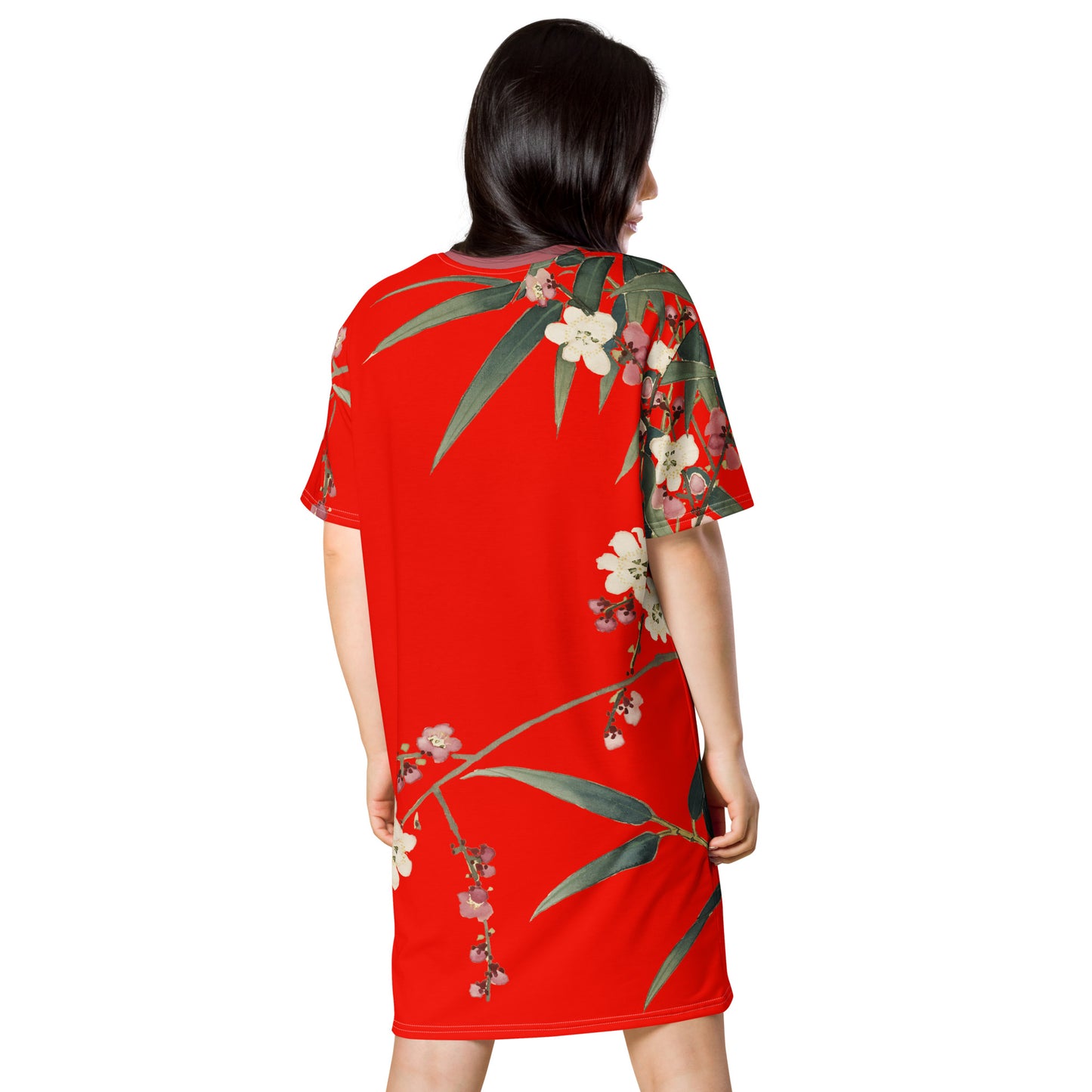 The Spirit of Flowers in Twelve Months｜Crimson Plum Blossom and Lush Green Bamboo｜T-shirt dress｜Garnet red