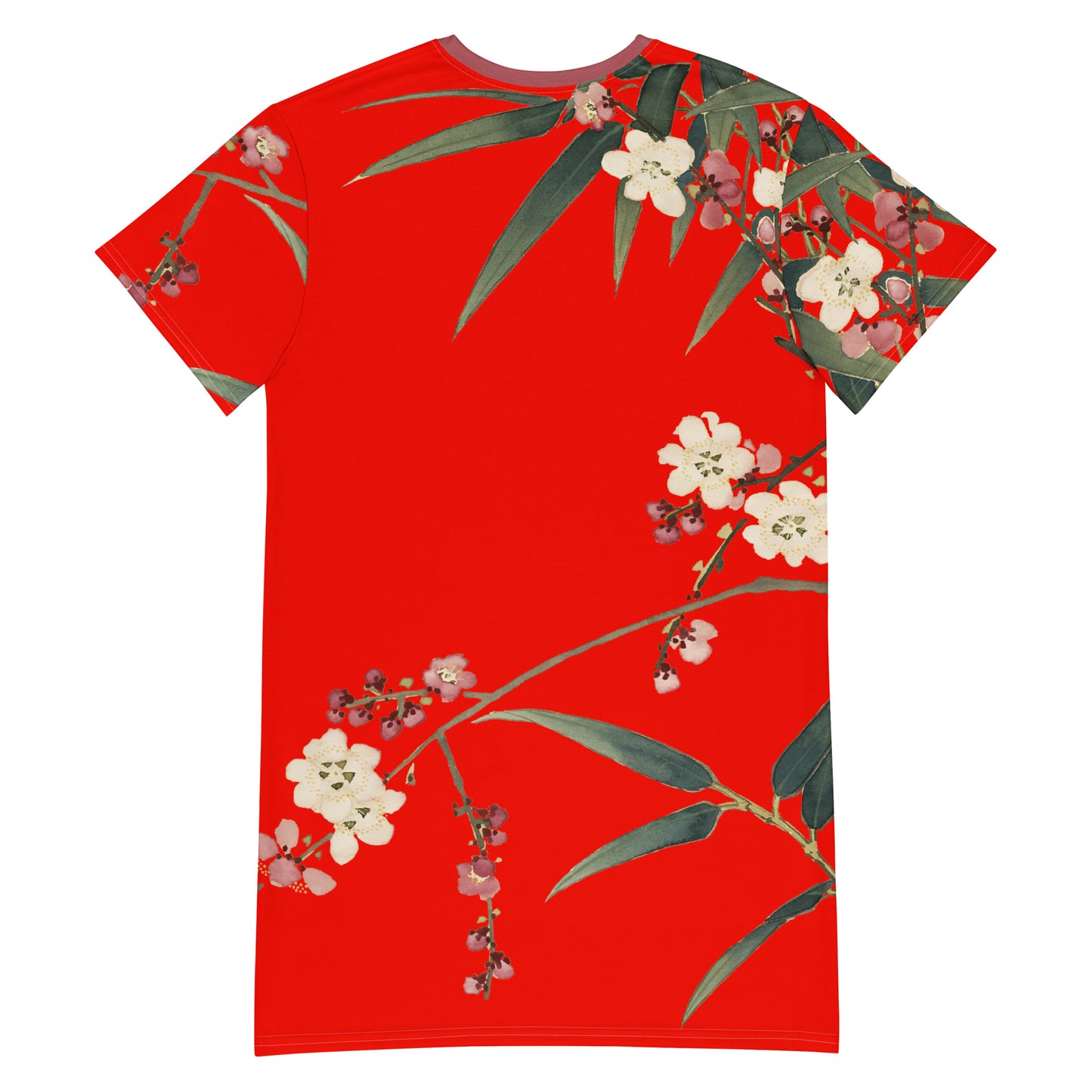 The Spirit of Flowers in Twelve Months｜Crimson Plum Blossom and Lush Green Bamboo｜T-shirt dress｜Garnet red