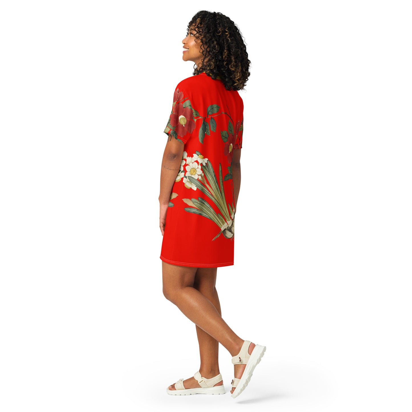 The Spirit of Flowers in Twelve Months｜Narcissus and Camelia in Bloom｜T-shirt dress｜Garnet red