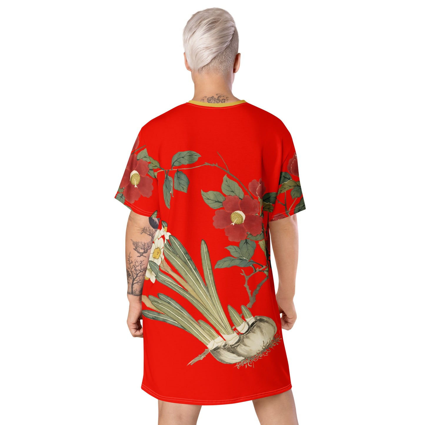 The Spirit of Flowers in Twelve Months｜Narcissus and Camelia in Bloom｜T-shirt dress｜Garnet red