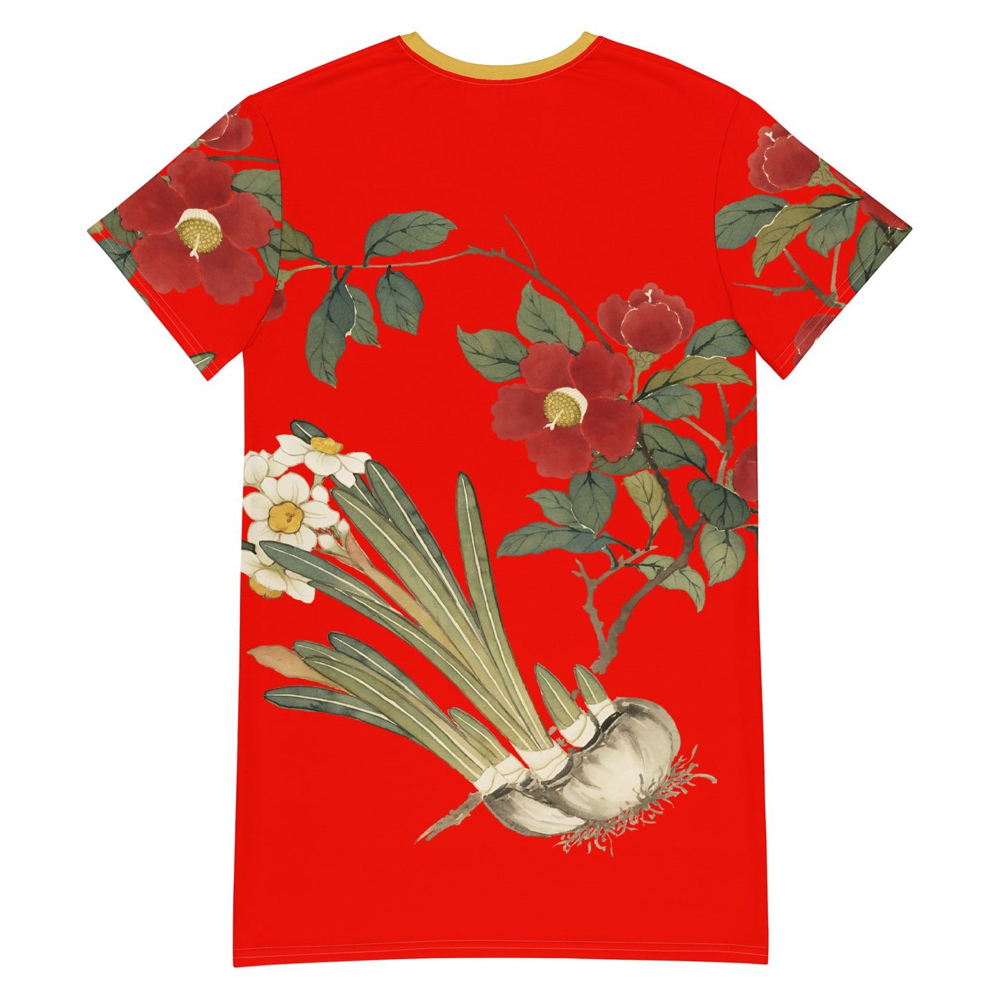 The Spirit of Flowers in Twelve Months｜Narcissus and Camelia in Bloom｜T-shirt dress｜Garnet red