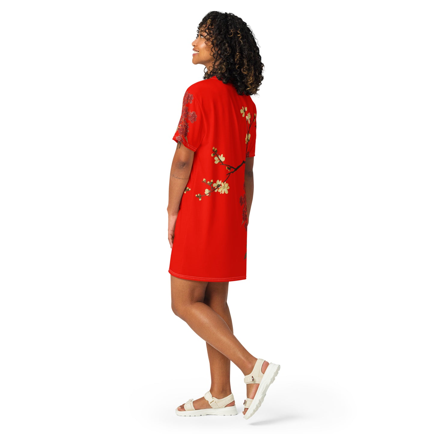 The Spirit of Flowers in Twelve Months｜Blooming Wintersweet and Heavenly Bamboo｜T-shirt dress｜Garnet red