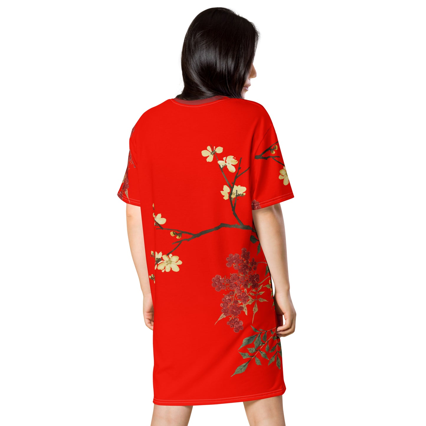 The Spirit of Flowers in Twelve Months｜Blooming Wintersweet and Heavenly Bamboo｜T-shirt dress｜Garnet red