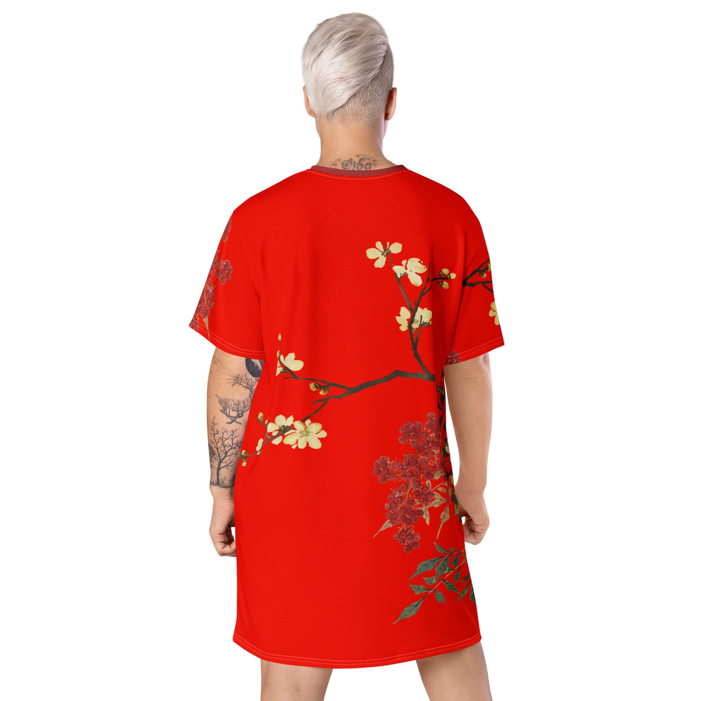 The Spirit of Flowers in Twelve Months｜Blooming Wintersweet and Heavenly Bamboo｜T-shirt dress｜Garnet red