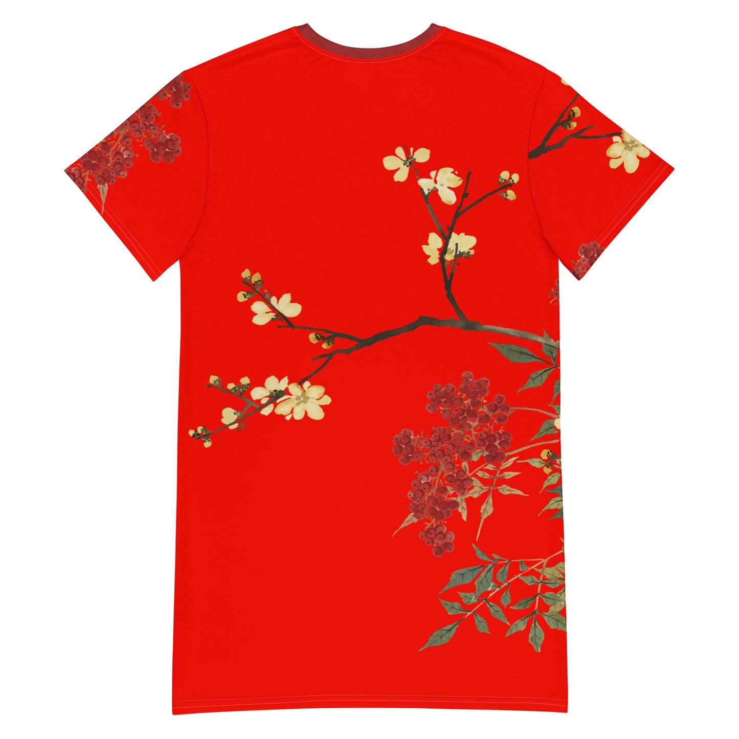 The Spirit of Flowers in Twelve Months｜Blooming Wintersweet and Heavenly Bamboo｜T-shirt dress｜Garnet red