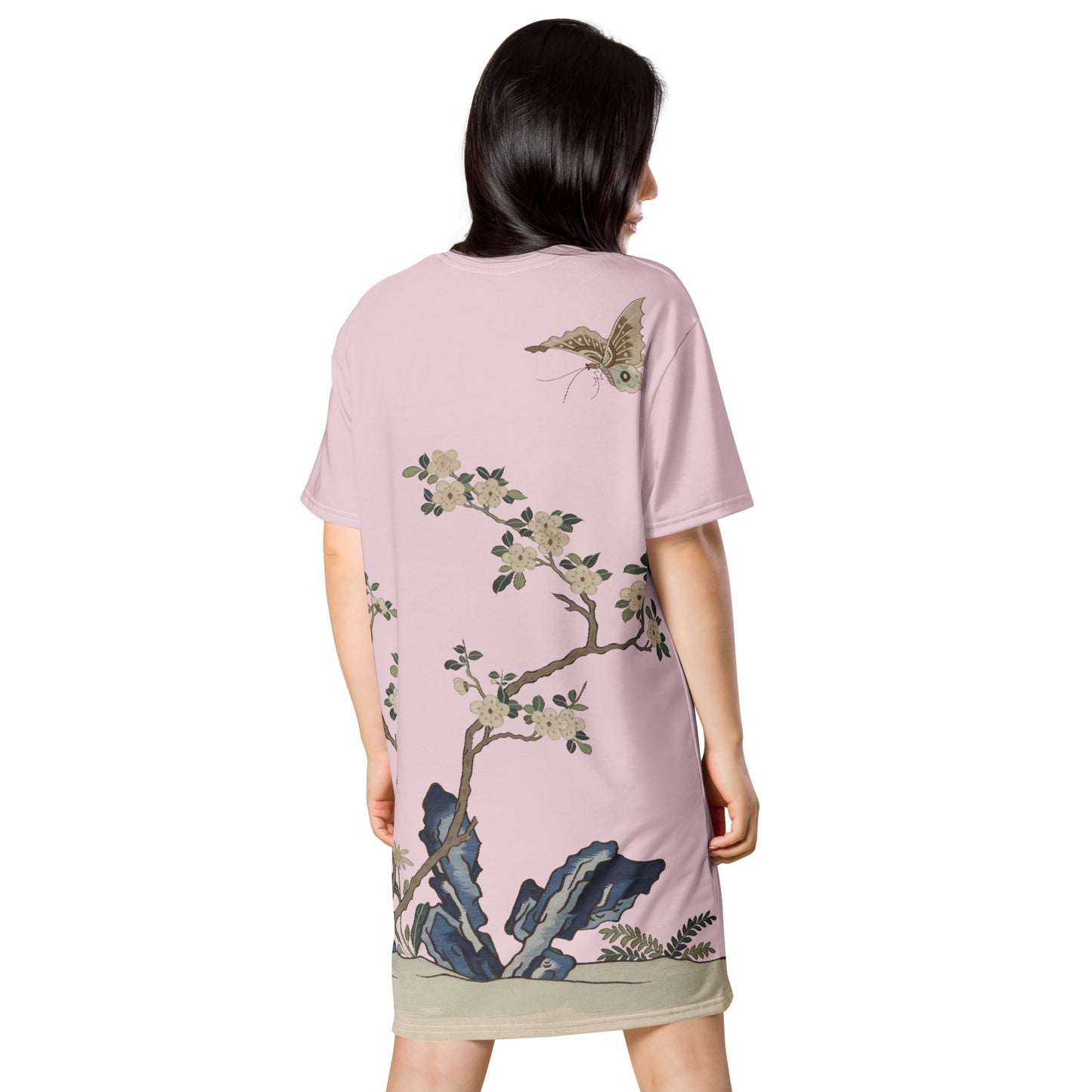 Kesi Flower Album｜White Plum Blossoms and Butterfly｜T-shirt dress｜Pale pinkish gray