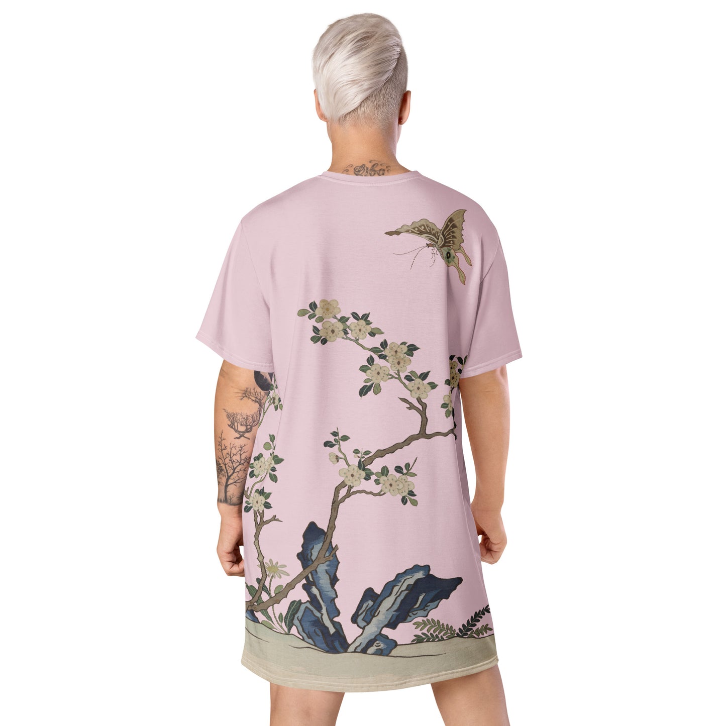 Kesi Flower Album｜White Plum Blossoms and Butterfly｜T-shirt dress｜Pale pinkish gray