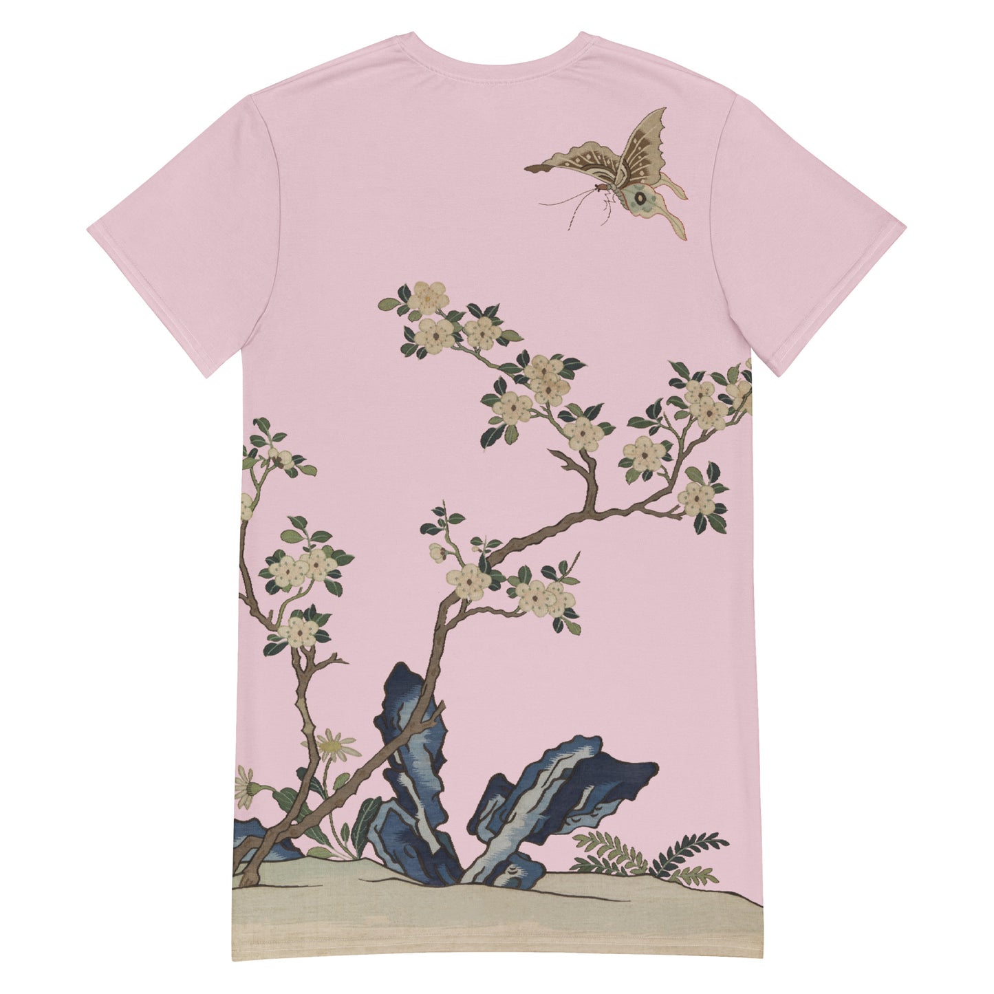 Kesi Flower Album｜White Plum Blossoms and Butterfly｜T-shirt dress｜Pale pinkish gray