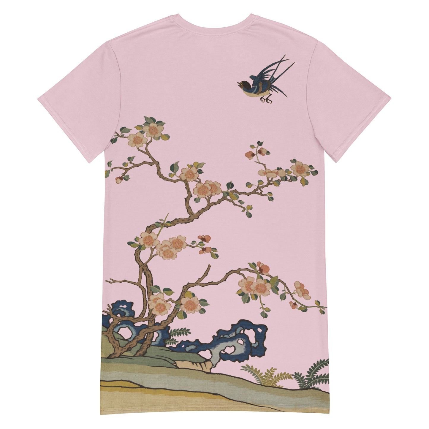 タペストリーの花｜Swallow in Flight, Harbinger of Spring｜Tシャツドレス｜Pale pinkish gray